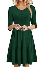 eBay速卖通2021秋冬爆款亚马逊新款女装 圆领纽扣长袖大摆连衣裙