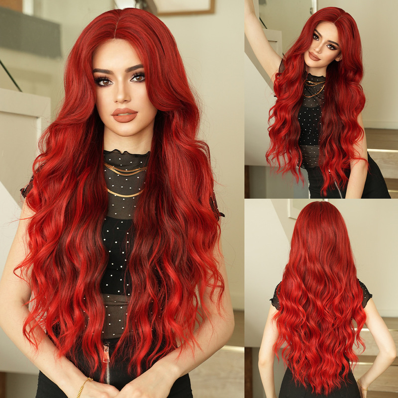 Small Lace Wig Full Head Cover Full Love Rose Gradient Red Women's Party high quality Mid-Length Curly Hair