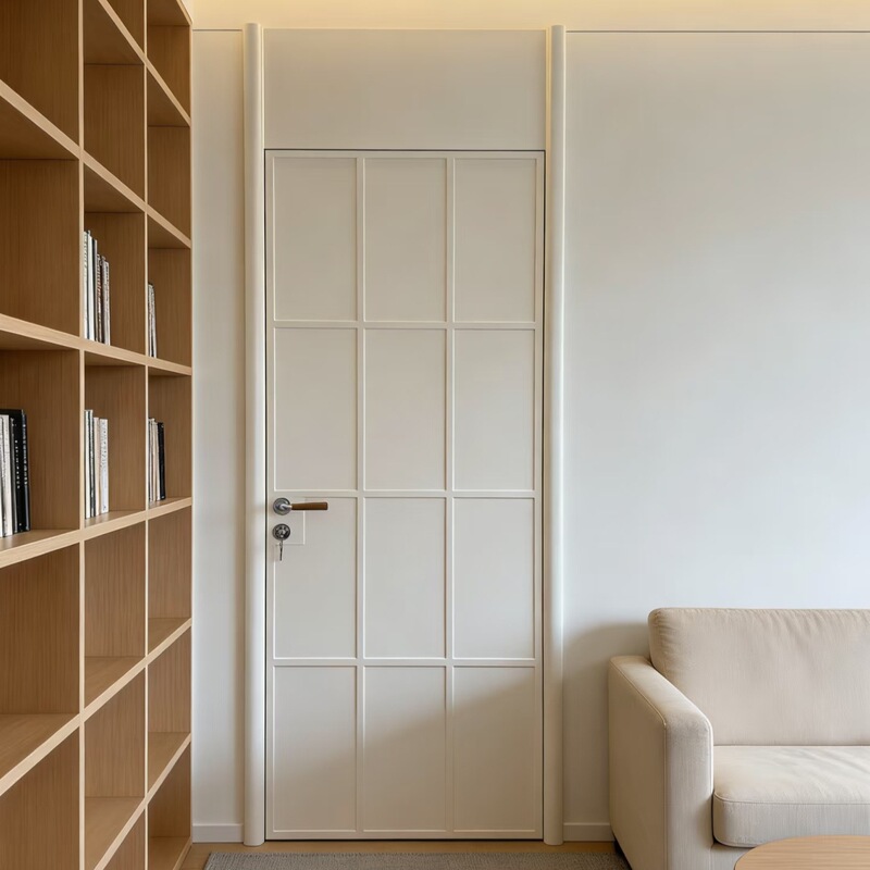 Minimalist style interior wooden door, vintage style bedroom door, inward-opening solid wood painted room door, invisible door