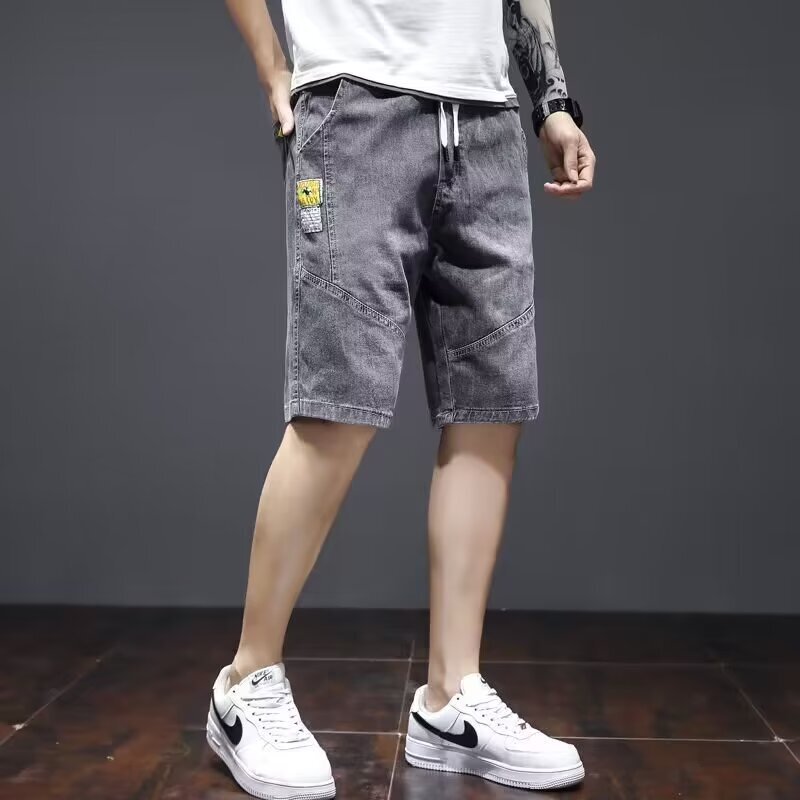 2025 New Elastic Waist Stretch Denim Shorts Men's Loose Drawstring Summer Thin Five-Point Pants Outer Wear Mid-Pants