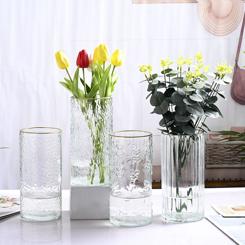 Nordic ins Style Гидропонная стеклянная Маленькая ваза Винтажная легкая Роскошная прозрачная тисненая ваза для цветов Настольные декоративные украшения