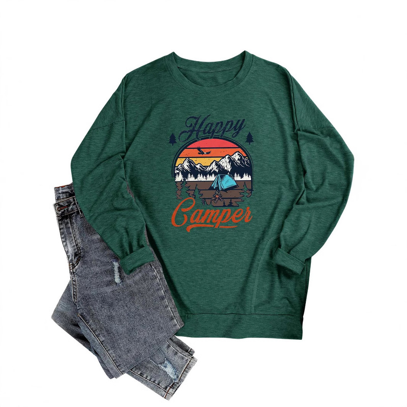 Happy Camper Long Sleeve T-Shirt Funny Cute Camper Graphic Long Sleeve T-Shirt Letter Print Casual Round Neck Happy Camper Long Sleeve T-Shirt Funny Cute Camper Graphic Long Sleeve T-Shirt Letter Print Casual Round Neck