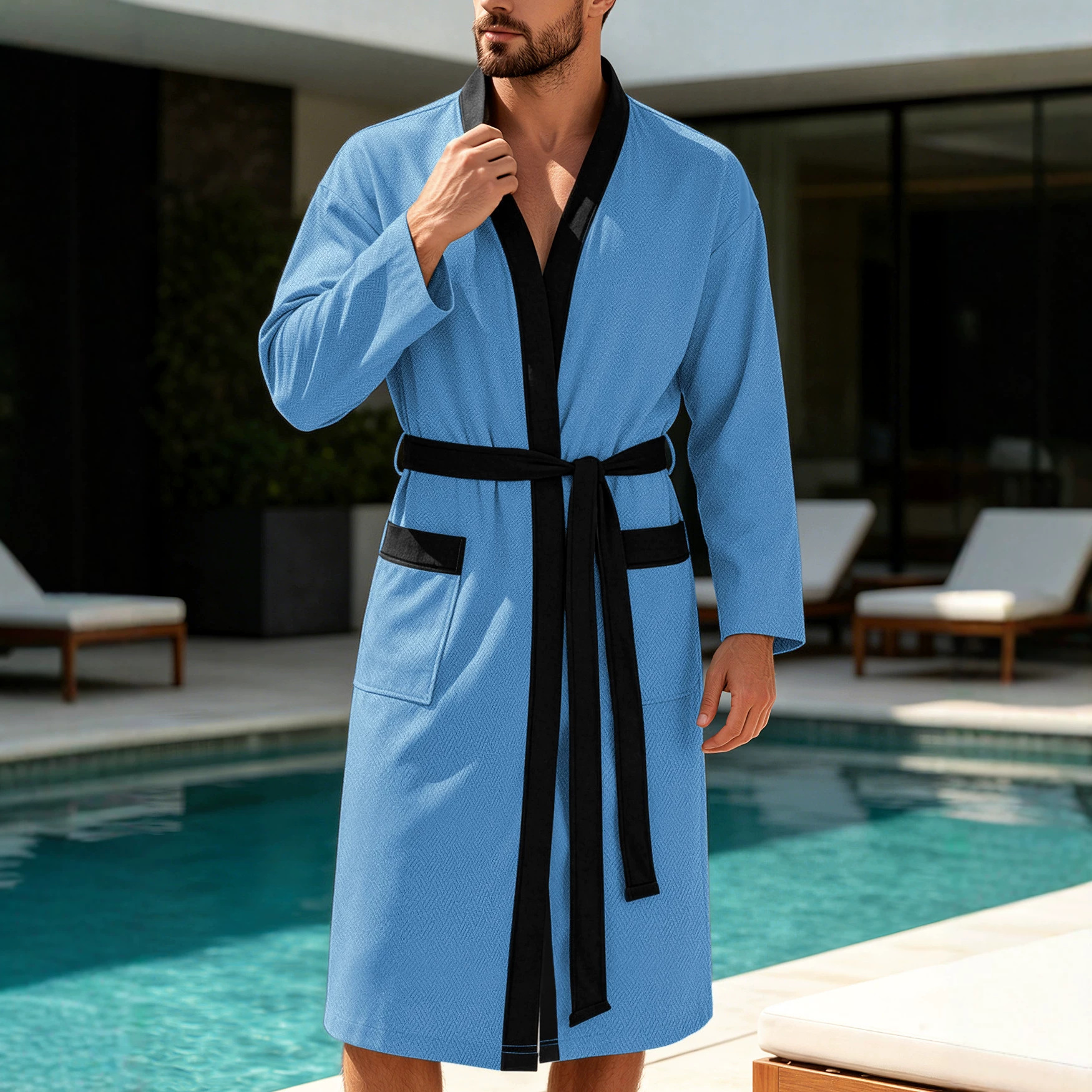 Amazon transfronterizo hombre twill lazo doble bolsillo ropa de baño casual hotel correa Europa y América ropa de dormir larga ropa para el hogar