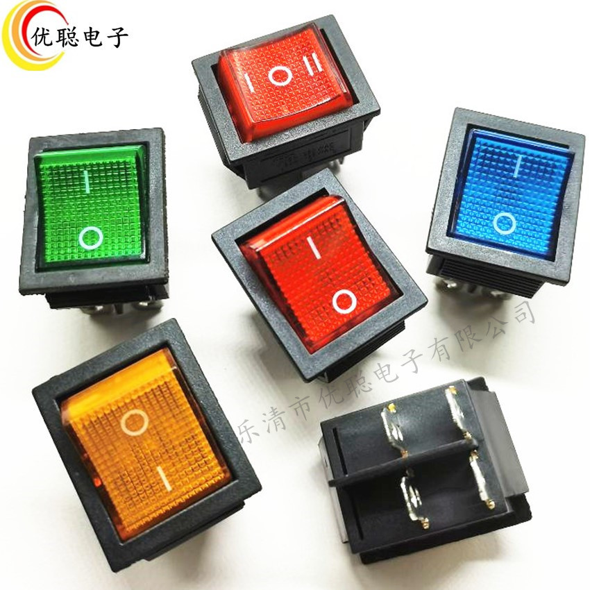 船型开关KCD4带灯6脚4脚/二档三档四脚六脚双复位25*31mm翘板开关