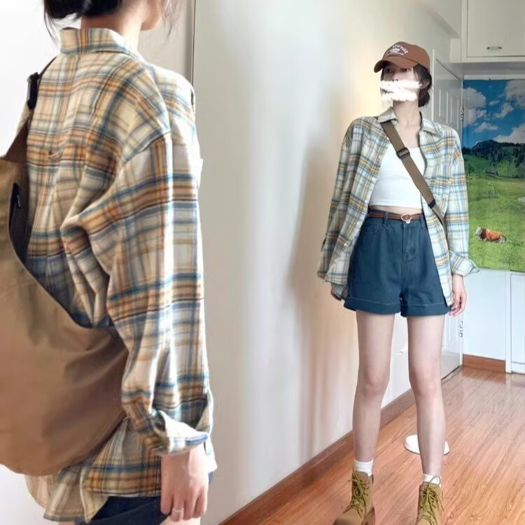 French Yellow Plaid Shirt Shirt Coat Women's Spring and Autumn 2025 New Style Small Inner Long Sleeve Top