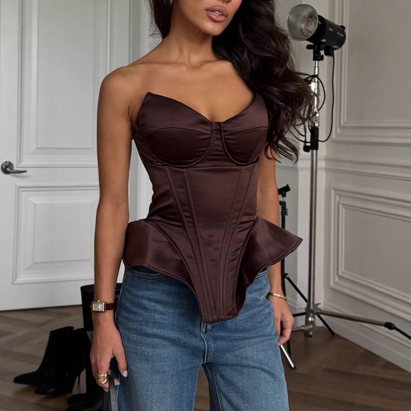 Autumn and Winter European and American Style Vest Top with Tube Top Design, Waist-Cinching Women's Satin Sexy Sexy Girl Versatile Cross-Border Fishbone