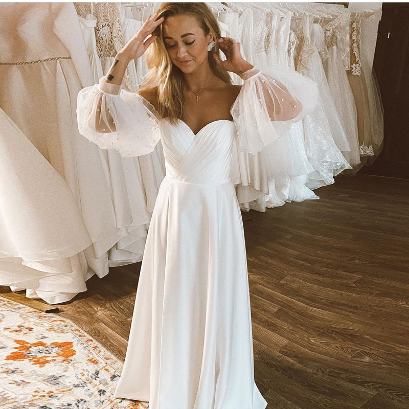 Comercio exterior europeo y americano Amazon AliExpress deseo nueva perla puff manga vestido de novia sexy tubo soporte superior personalización