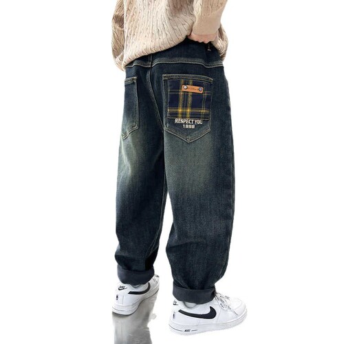 Genius Whale Boys' Fleece Denim Pants Autumn/Winter Outfit Cool Boy Straight Leg Pants Spring/Autumn Children Loose Long Pants Trendy