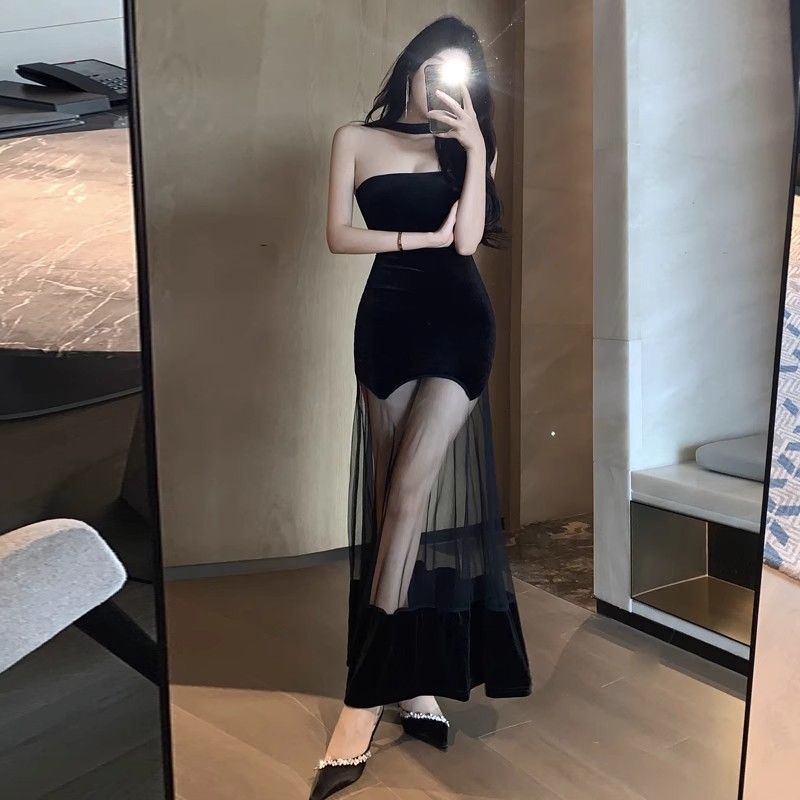 2026 Hot Girl Mesh Design Solid Color Velvet Dress Women's Pure Desire Birthday Party Dress Slimming Dress 2026 Hot Girl Mesh Design Solid Color Velvet Dress Women's Pure Desire Birthday Party Dress Slimming Dress