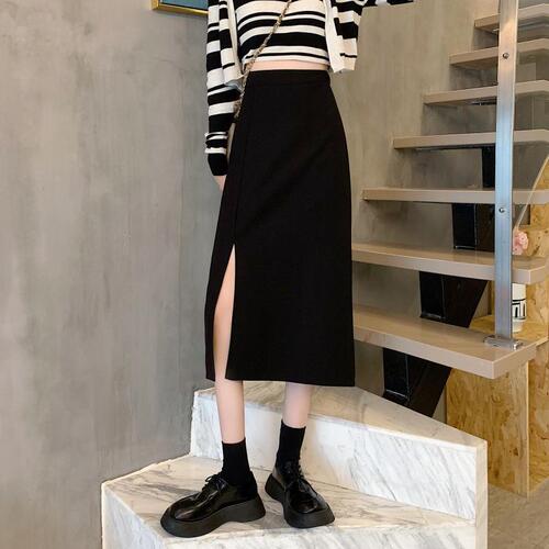 Plus-size suit pants 2024 autumn new high-waisted slimming A-line skirt with slits black bustier dress