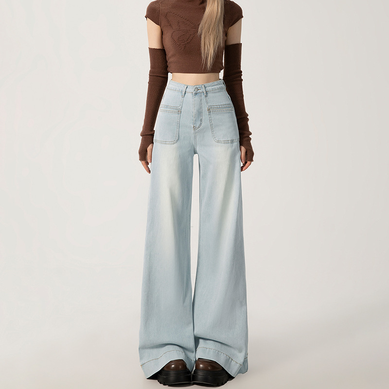 2385慵懒感高腰显瘦牛仔裤女春秋季新款美式直筒垂感拖地阔腿裤潮