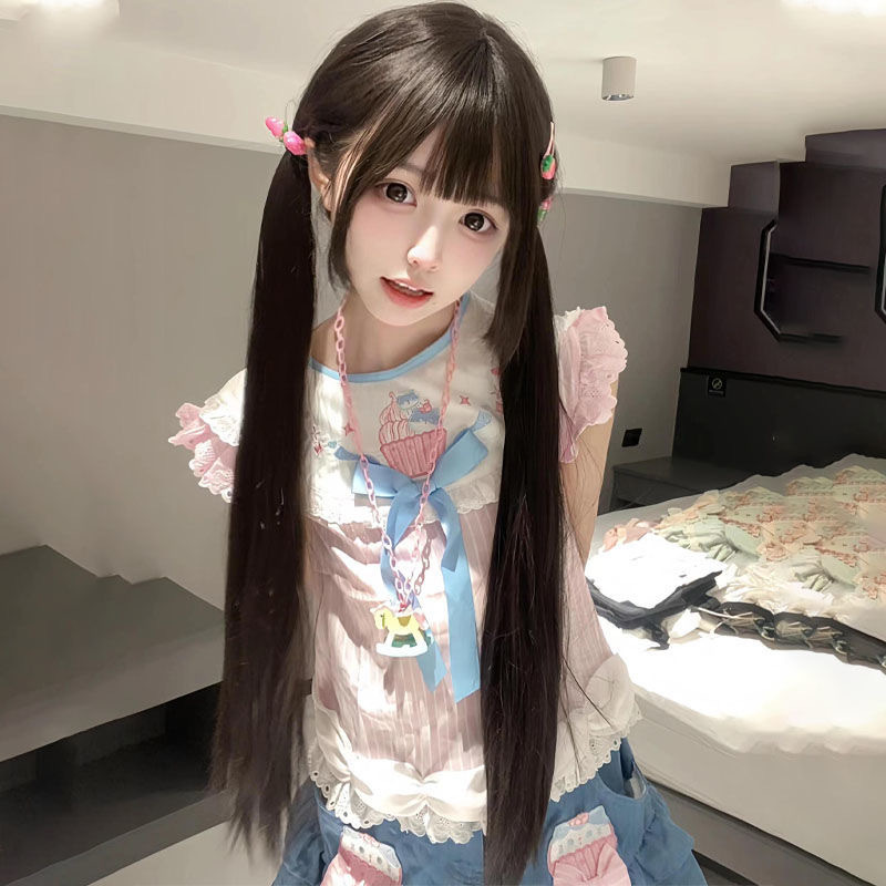Wig female jk sweet sister little rose natural black gentle lolita with sideburns 85cm long straight bangs full head cover