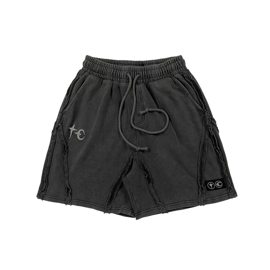 Thug Club Star and Moon Sweat Shorts Heavy Embroidery Distressed Loose Black