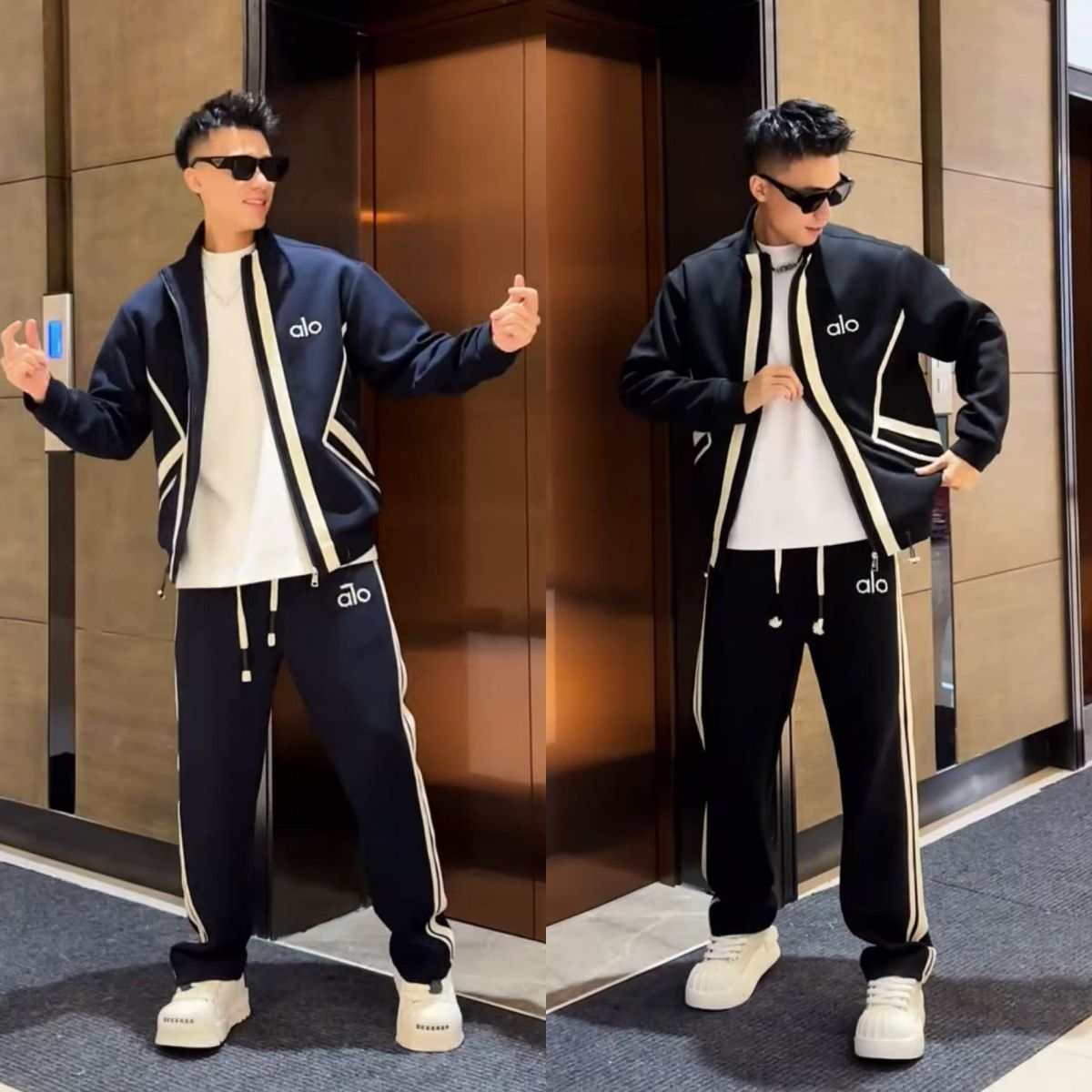 Otoño aire capa de moda letras cremallera chaqueta de cuello suelta pantalones rectos versátiles conjunto de empalme a rayas estadounidenses