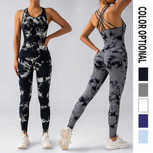 Cross-border Tie-dyed Trousers All-in-one Cross Shoulder Strap Bra Yoga Suit Women's Outdoor Sports Riding Fitness One-piece Suit
