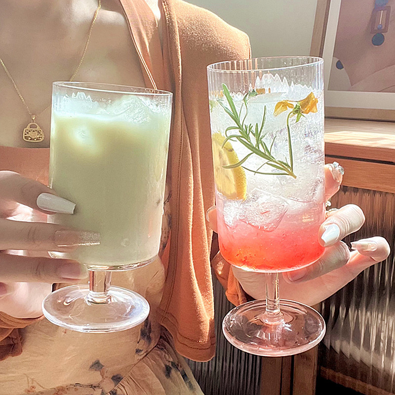 ins風條紋果汁杯冰淇淋杯 網紅咖啡廳高腳杯玻璃杯奶茶店飲料杯子