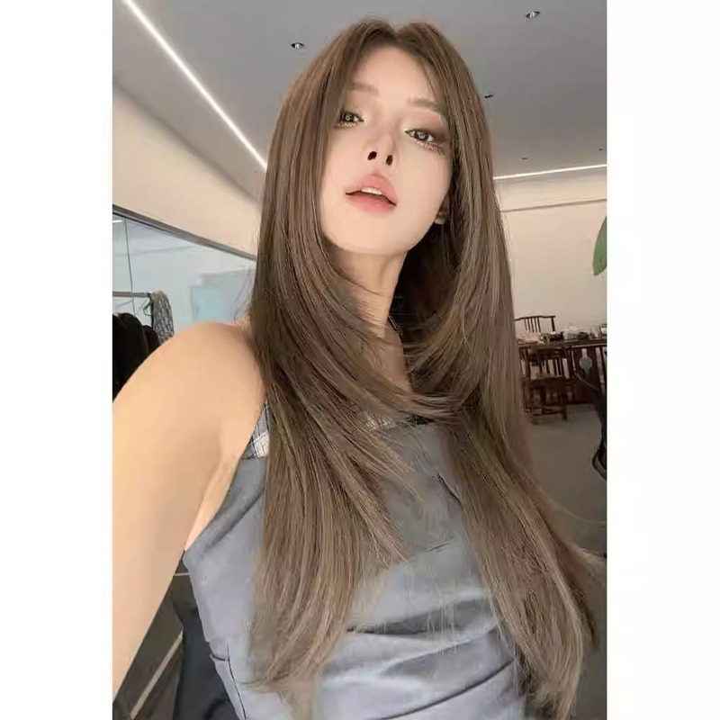 前额蕾丝高层次假发全头套榛果灰粽中分长发自然仿真发整顶假发套|undefined
