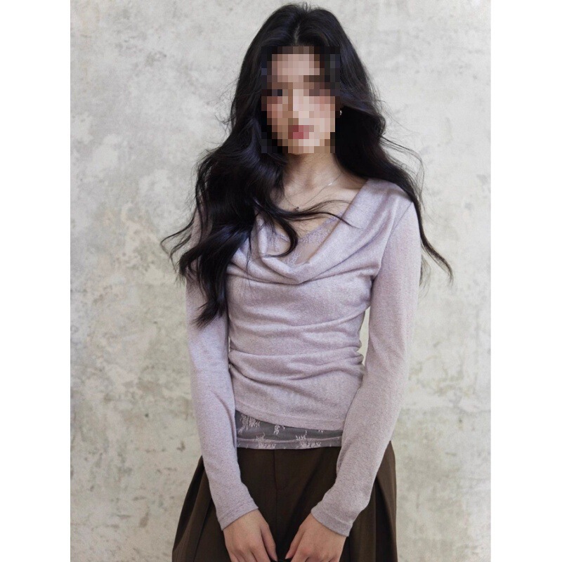 Fake Two-Piece Design with Swung Collar, Lace Splicing, Slim Fit 2025 New Style Long-Sleeved Spring Top Bottoming T-Shirt