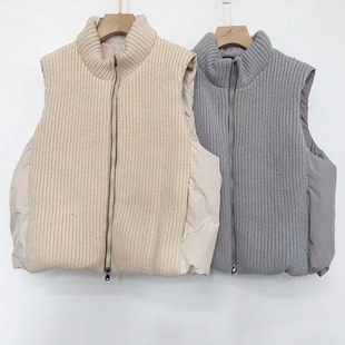 Cross-Border Autumn and Winter New Design Korean Style Fashionable Casual Knitted Splicing down Jacket Vest Women's Stand-Up Collar Jacket Trendy