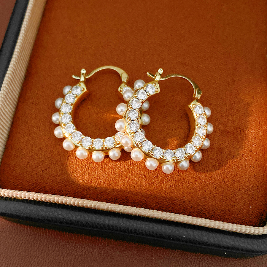 14k oro real chapado aguja de plata de diamante perla redonda perlas temperamento pendientes retro lujo ligero alta sensación de auriculares