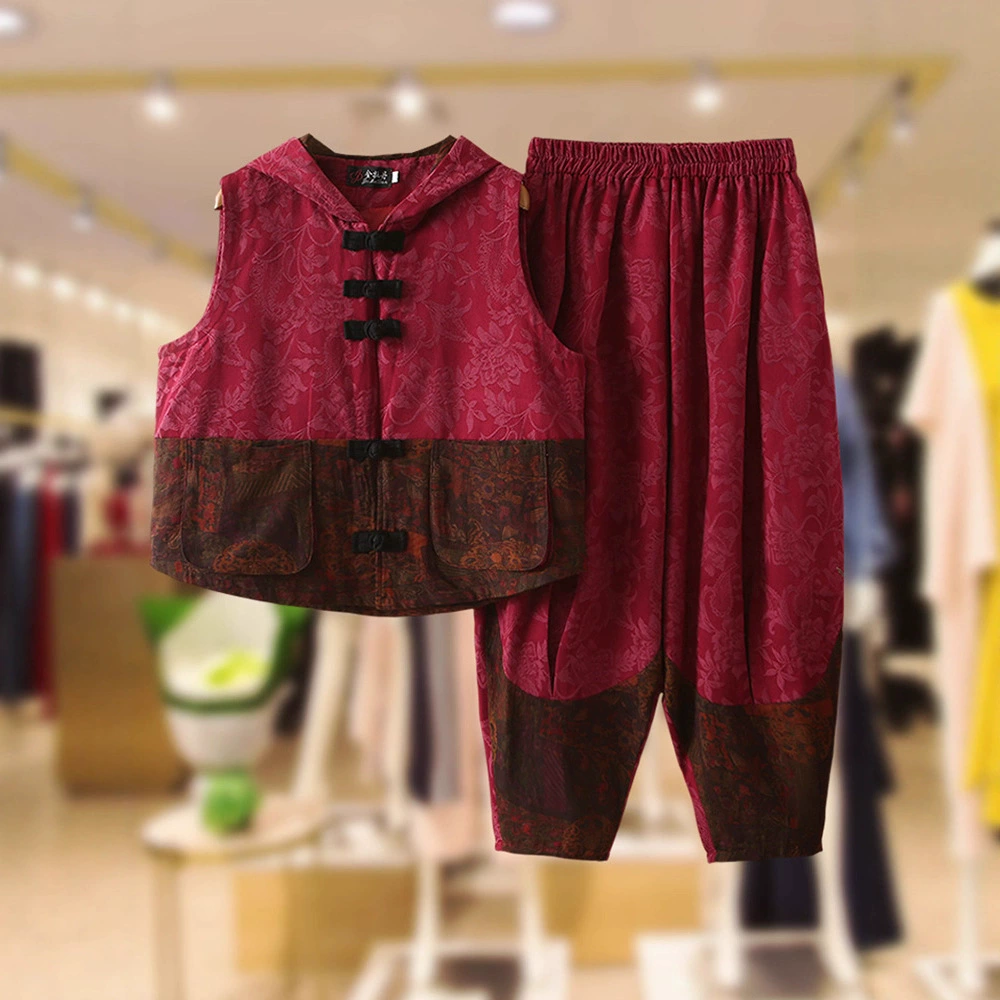 Жилет для этнической мамы среднего и пожилого возраста, женские жаккардовые шаровары с пряжкой, весенне-осенний костюм, куртка Тан, комплект из двух предметов в стиле ретро
