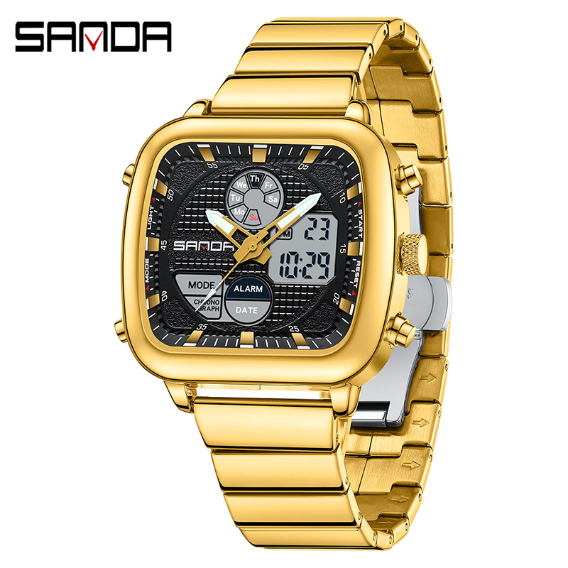 SANDA SANDA 9101 reloj de despertador impermeable para hombres reloj de pulsera clásico de acero cuadrado multifuncional luz nocturna reloj electrónico para hombres
