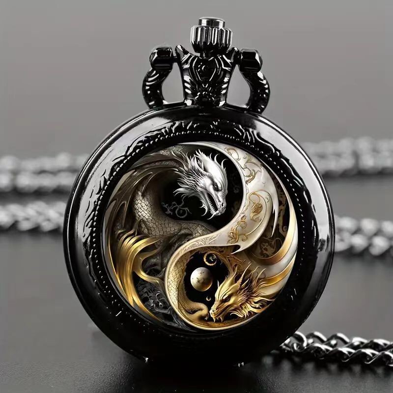 Color Pattern Medium Pocket Watch Vintage Flip Cover Decorative Necklace Watch Personalized Trendy Quartz Watch Cross-border for Men and Women Students