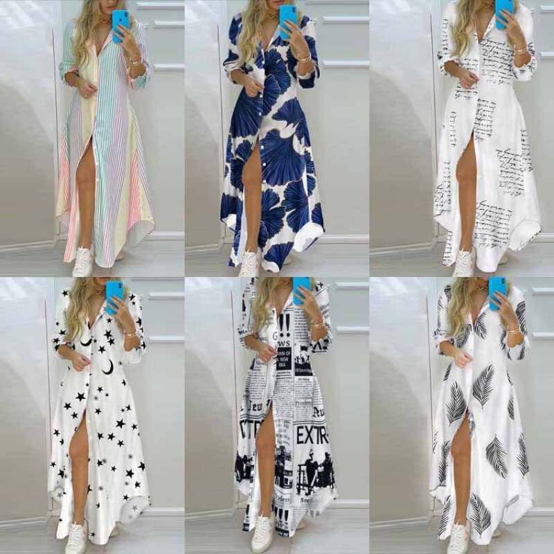 2025 Spring Amazon Foreign Trade Wish Women's Fashion Elegant Printed Single-Breasted Slit Shirt Dress Long Dress 2025 Spring Amazon Foreign Trade Wish Women's Fashion Elegant Printed Single-Breasted Slit Shirt Dress Long Dress