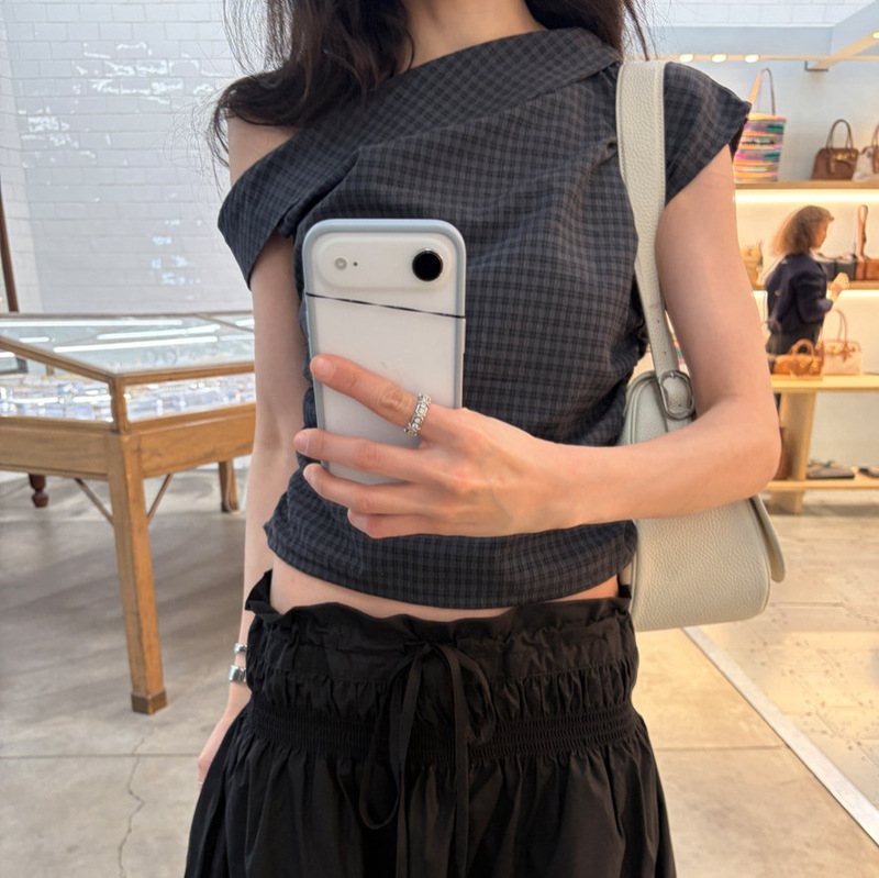 The Same Style as Baby'S: Korean Designer Women's Fashion, Elegant Korean-Style Top with a Diagonal Shoulder and Plaid Short-Sleeve Shirt