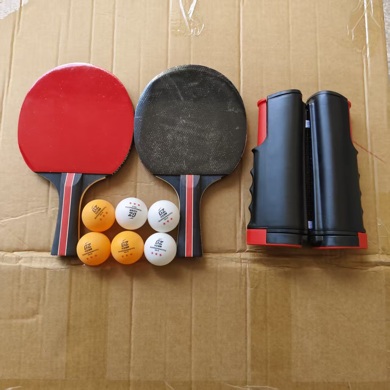 [크로스보더 핫샷] 고급세트 [빨간색과 검은색 그리드 + 2샷 + 단색볼 6개 [순수원목 베이스]