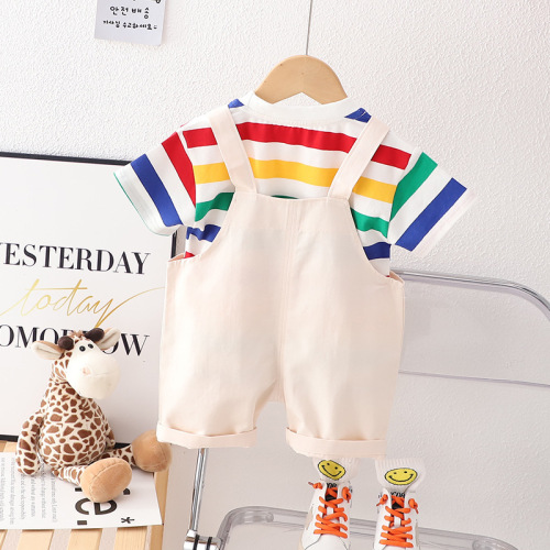  Summer New Boys' and Girls' Casual Hipster Overalls Two-Piece Set for Toddlers Striped Crew Neck Short Sleeve Outfit Dropshipping