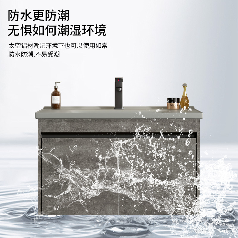 Espacio de lujo ligero combinación de armario de baño de aluminio lavabo todo en uno de cerámica gris lavabo de lavado de manos de hotel lavabo balcón piscina de mesa de lavado