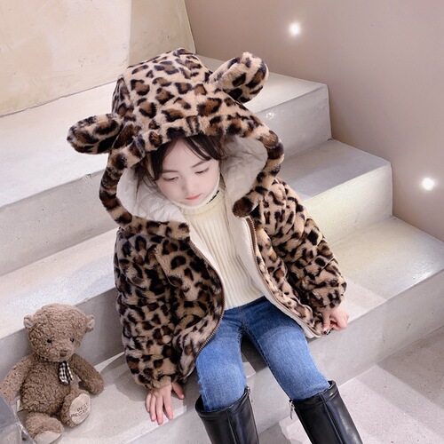 Children's Fashion 2024 New Leopard Print Wool Cashmere Cardigan with Cotton Outerwear Children's Winter Warm Fleece Top Winter Clothing
