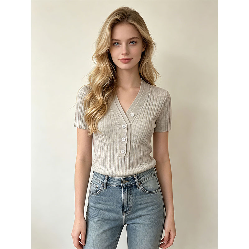 Cross-Border Spring and Summer V-Neck Half-Button Ribbed Knit Top for Women, New Slim-Fit Short-Sleeve T-Shirt Base Shirt