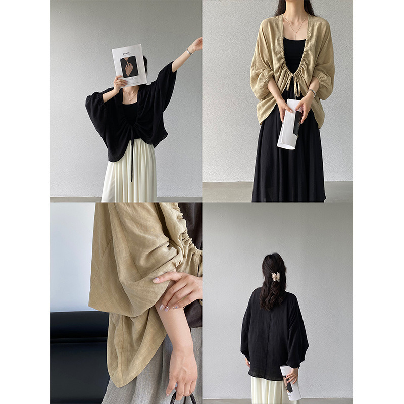 Jiangzuo Textured Wrinkle-Effect Yarn-Dyed Linen Cocoon-Shaped Drawstring Cardigan, Lazy Vacation Style Sun Protection Shirt for Women, Summer 1900 Jiangzuo Textured Wrinkle-Effect Yarn-Dyed Linen Cocoon-Shaped Drawstring Cardigan, Lazy Vacation Style Sun Protection Shirt for Women, Summer 1900