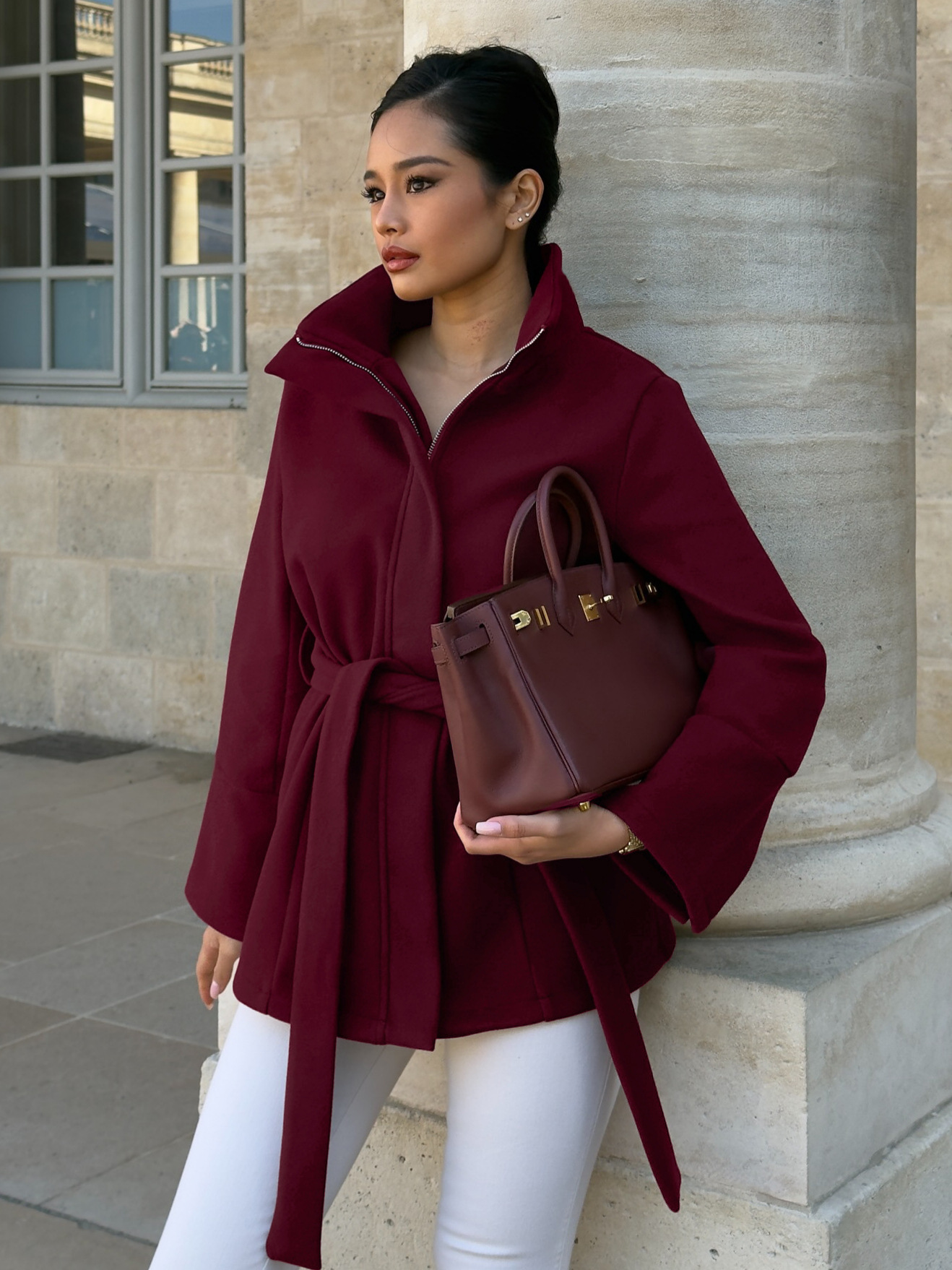 Cross-border Commuting Lapel Woolen Coat for Women 2026 Autumn/Winter Designer Wine Red Waist-Tied Belted Jacket Women's Clothing