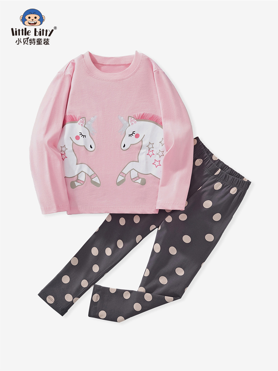 Europa y América ropa infantil ropa de hogar pantalones de manga larga dos piezas de dibujos animados unicornio impresión transfronteriza al por mayor set de algodón