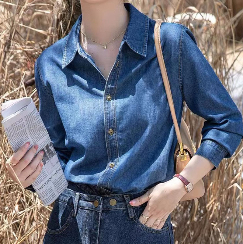 Non-Curling Dark Blue Soft Denim Shirt for Women in Autumn and Winter, Layered Long-Sleeved Shirt, Small Right Shoulder Top