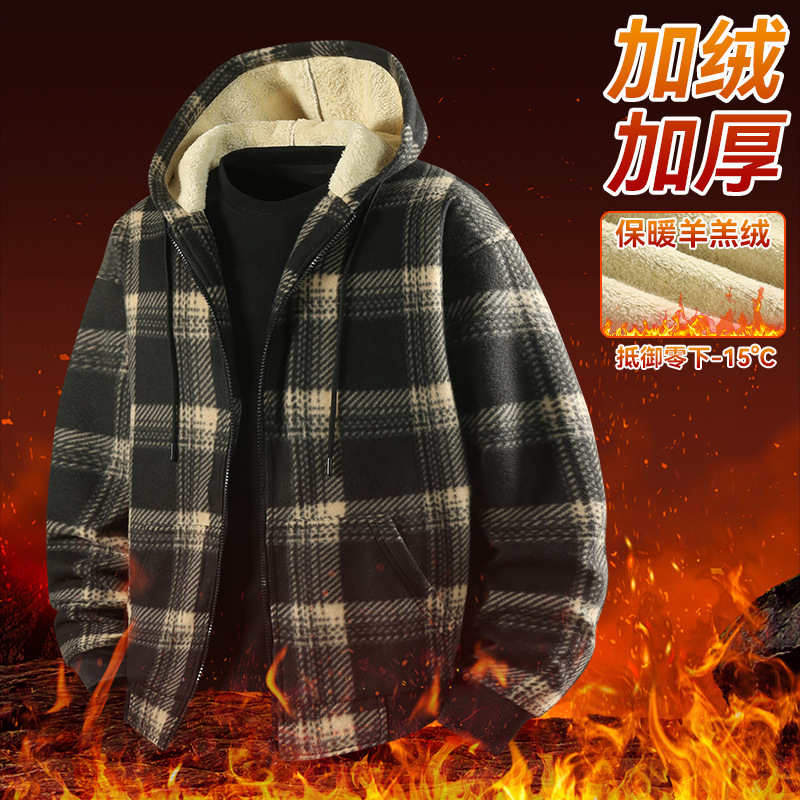 Cross-Border European Size Autumn and Winter Men's Plaid Jacket New Long-Sleeved Hooded Plus Velvet Warm Casual Men's Jacket Ready for Sale