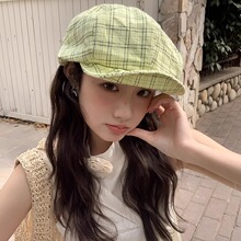 韩版薄款透气格纹绿色报童帽女夏复古文艺大版显脸小八角帽画家帽