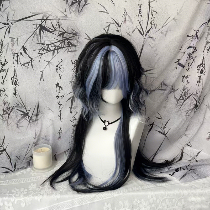 【Qinglan Zhan】Unisex Wig, Jellyfish Style, Long Curly Hair, Blue-Black Highlights, Niche Realistic Full Wig 【Qinglan Zhan】Unisex Wig, Jellyfish Style, Long Curly Hair, Blue-Black Highlights, Niche Realistic Full Wig