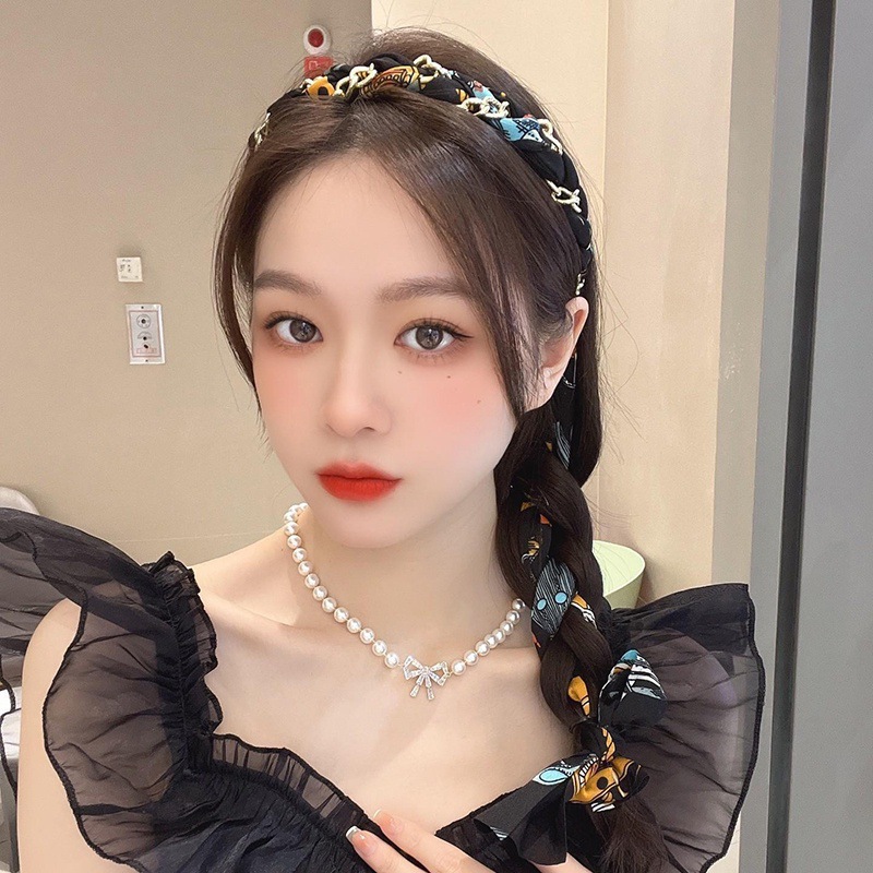 Retro trenzado banda de cabello para mujeres 2025 nueva banda de cabello flotante banda de cabello bufandas de seda banda de cabello todo el sistema de tarjeta de cabello tocado de moda