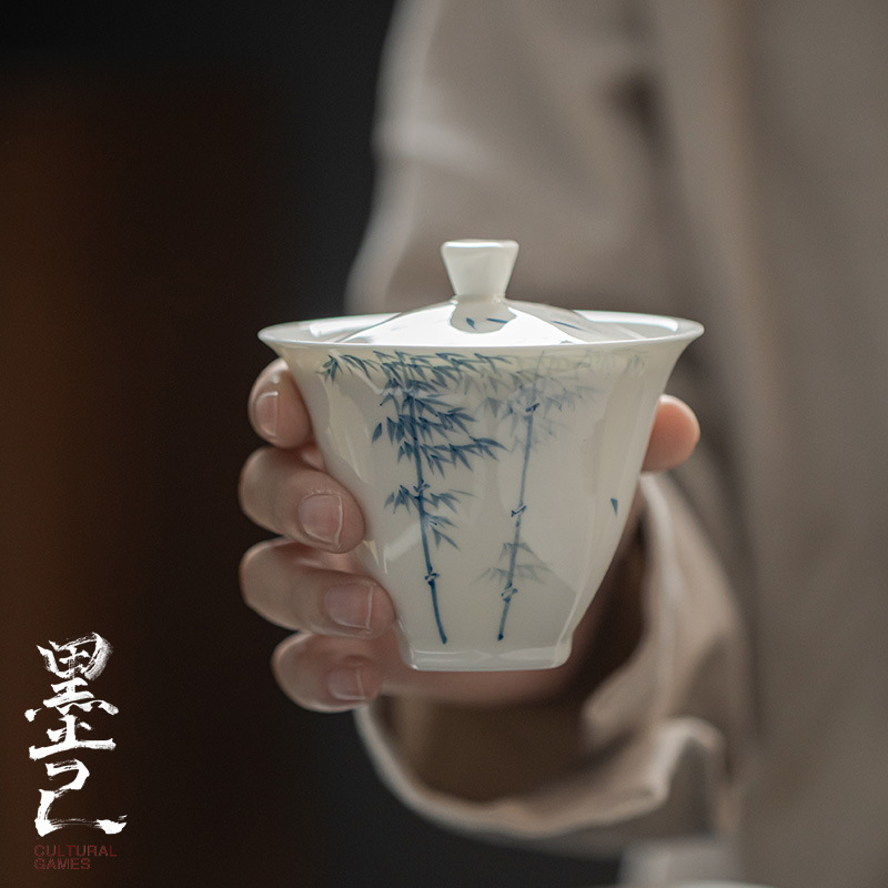 Moji jade mud white porcelain hand-painted blue and white bamboo cover bowl underglaze color literati tea cover bowl simple and elegant main bowl Moji jade mud white porcelain hand-painted blue and white bamboo cover bowl underglaze color literati tea cover bowl simple and elegant main bowl