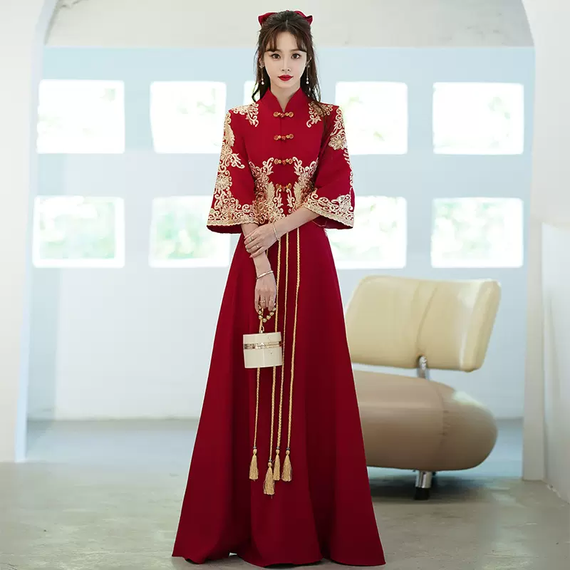 大码敬酒服新娘秋冬结婚订婚礼服中式秀禾服酒红色长款敬酒服2002