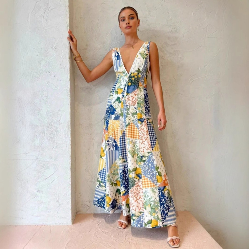 Cross-Border Popular Plain Printed Dress, Linen Sexy Printed Dress, Summer V-Neck Beach Series Long Dress