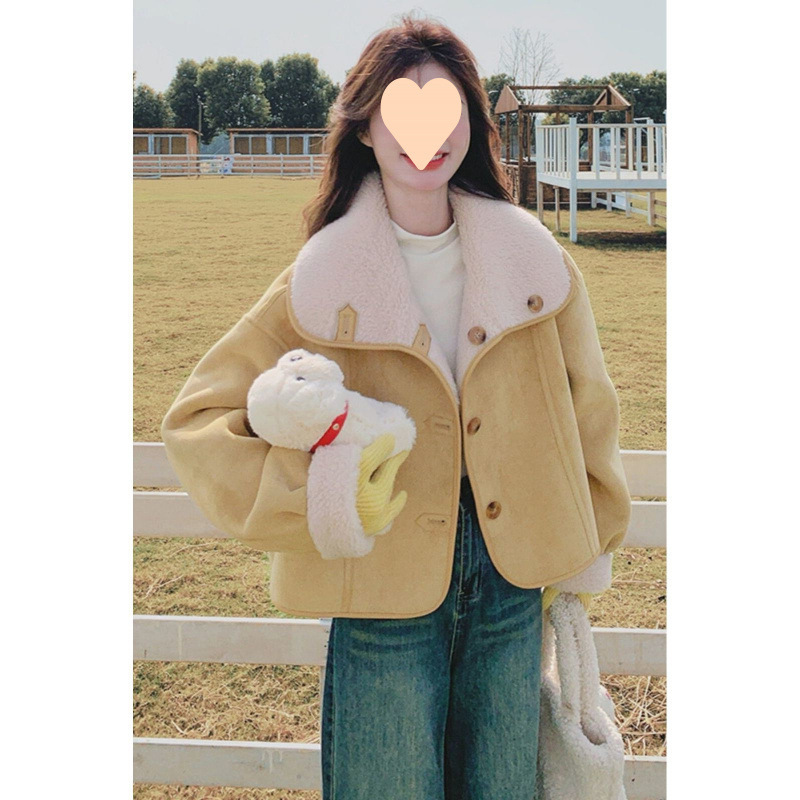 两面穿一体短款外套女秋冬新款黄色减龄翻领小个子羊羔毛上衣|undefined