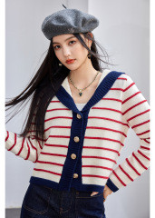 实拍◆有现货◆张淼怡小鞠私服粉色条纹针织开衫女秋季海军风上衣