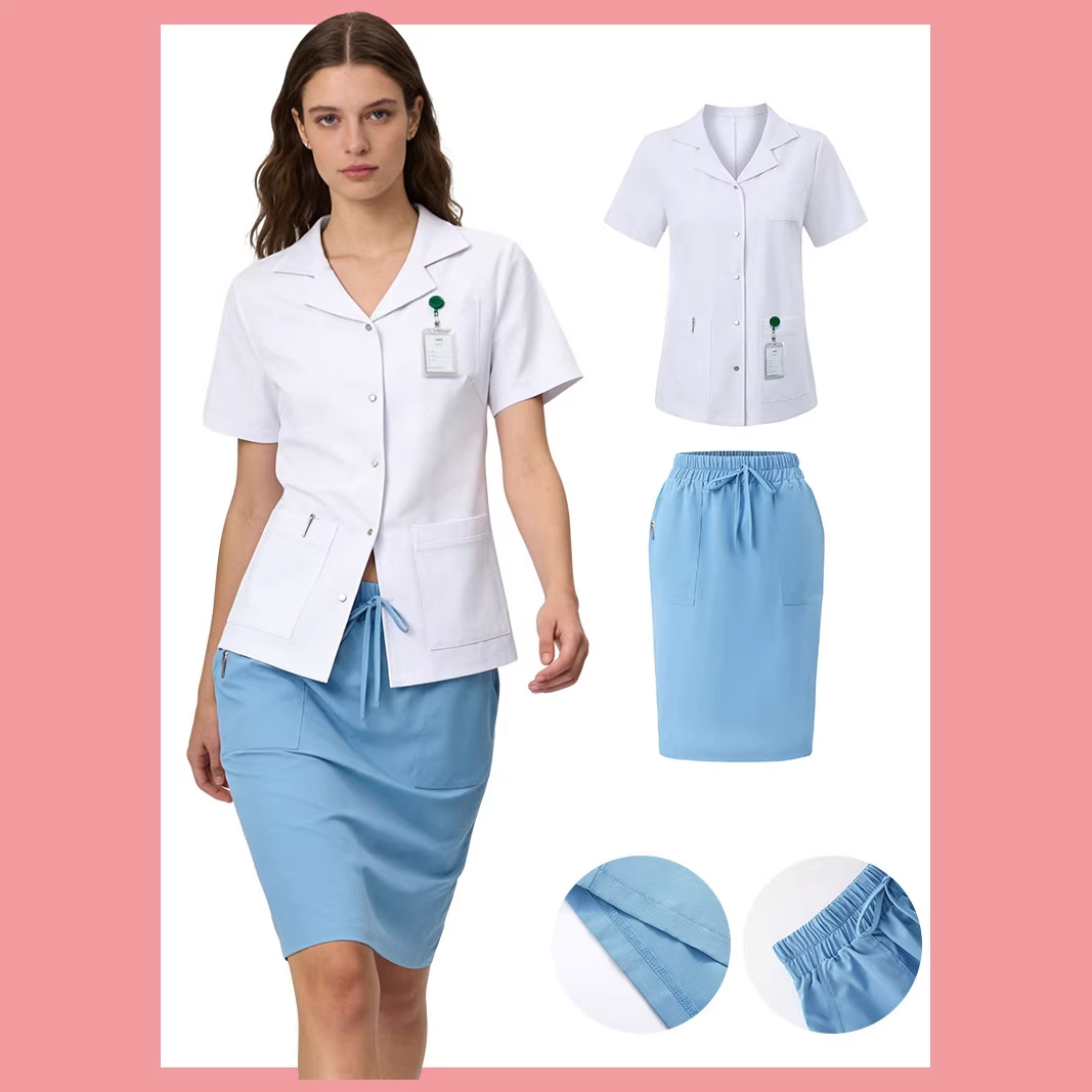 European and American Style Nurse Uniform Light Blue Medical Skirt with Elastic Waist Drawstring, Mid-Length Scrub Skirt with Pockets