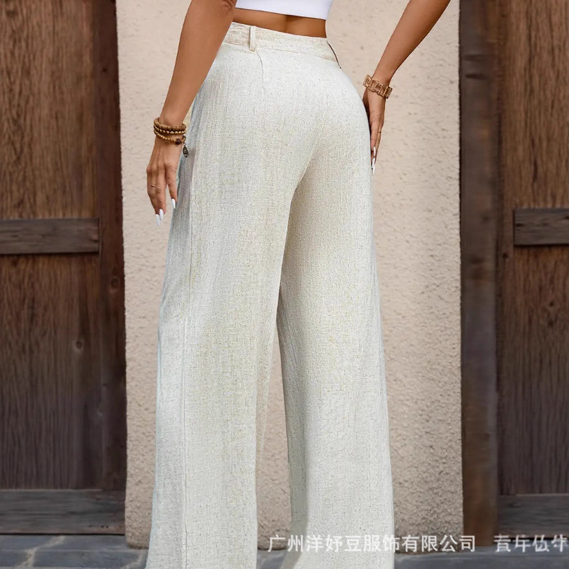 Cross-Border European and American Foreign Trade Popular Solid Color Button Pants Pleated Cotton and Linen New Women's Casual Pants
