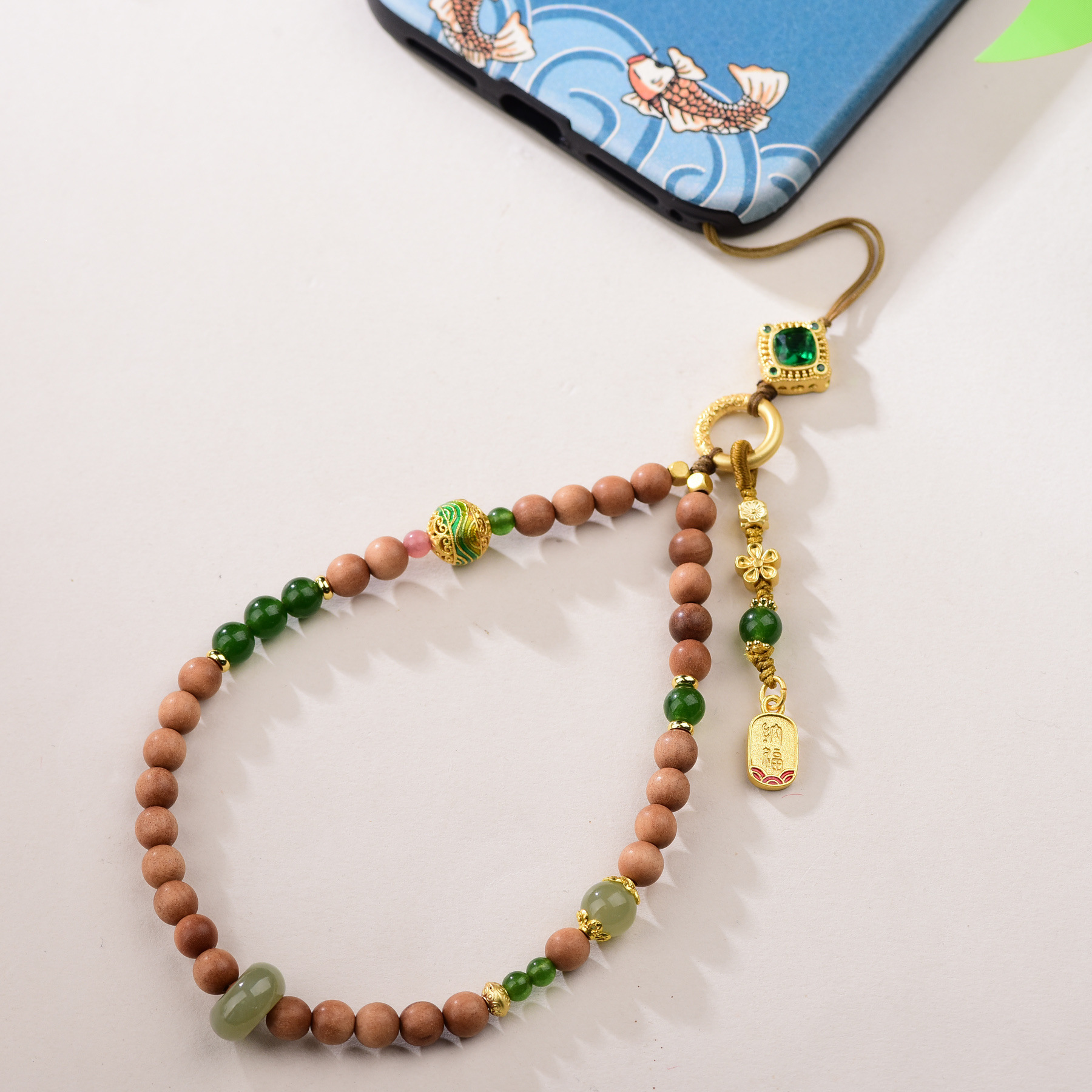 Hetian Jade Mobile Phone Chain Women's Crystal Jade Jade National Style Laoshan Sandalwood Wrist Bracelet String Anti-Lost Mobile Phone Lanyard